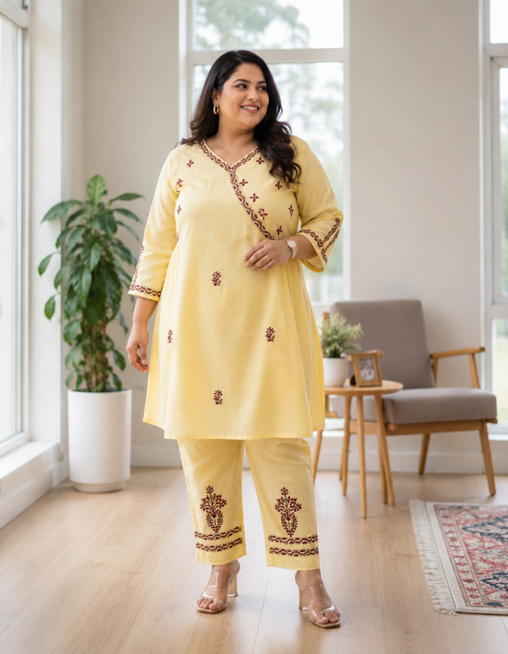 Light yellow Chikankari Co-Ord Set -Custom Made