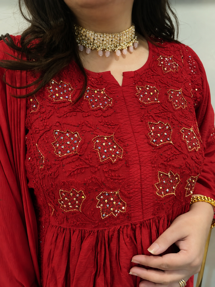 Maroon Chanderi Chikankari Suit Set
