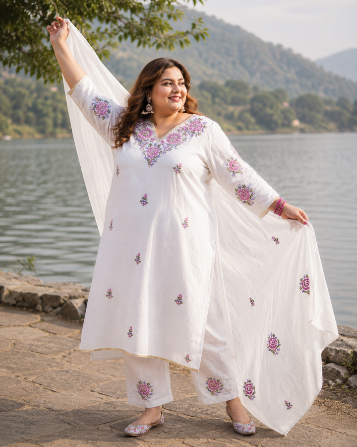 White Chanderi Chikankari Suit Set -Custom Made