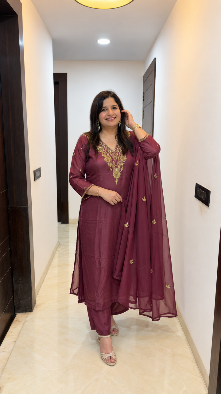 Brown hand embroidered Suit Set -Custom Made