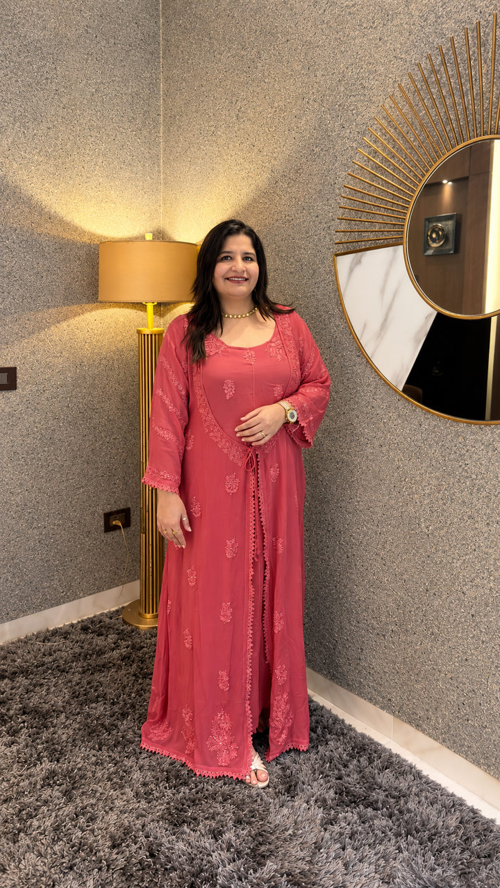 Rose pink Georgette Chikankari Shrug dress - Custom made