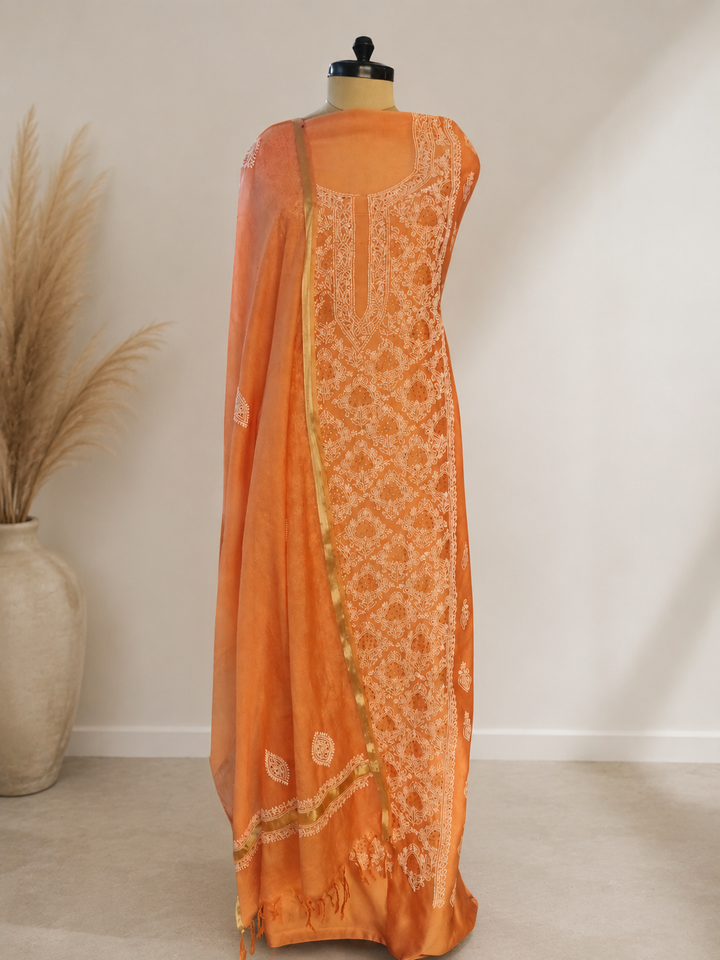 Orange Chanderi Chikankari kurta duppata Fabric