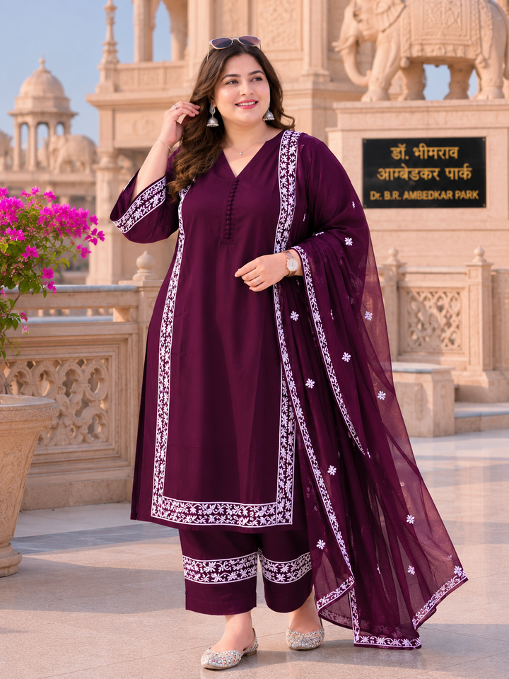 Wine Rayon Chikankari Suit Set