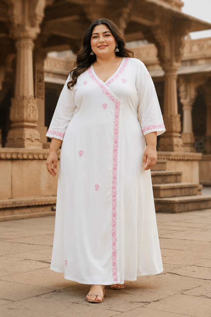 White Rayon Chikankari Angrakha Kurta