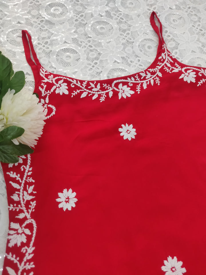 Red rayon Chikankari short kurta-Custom Made