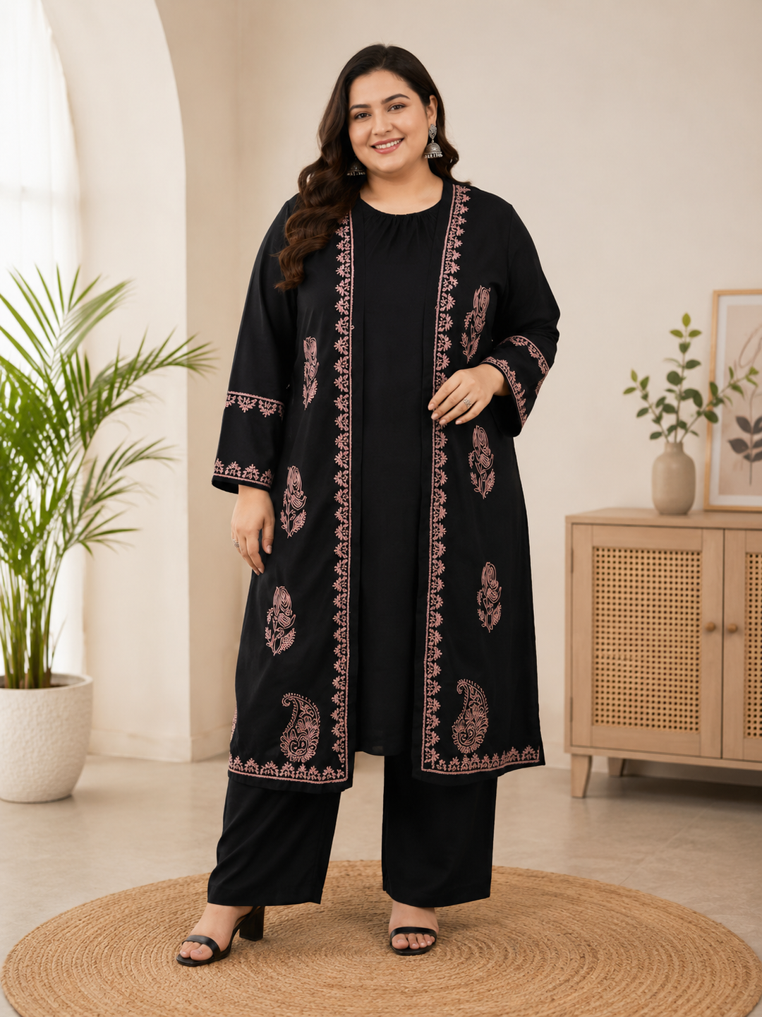 Black Chanderi Chikankari shrug Set -Custom Made