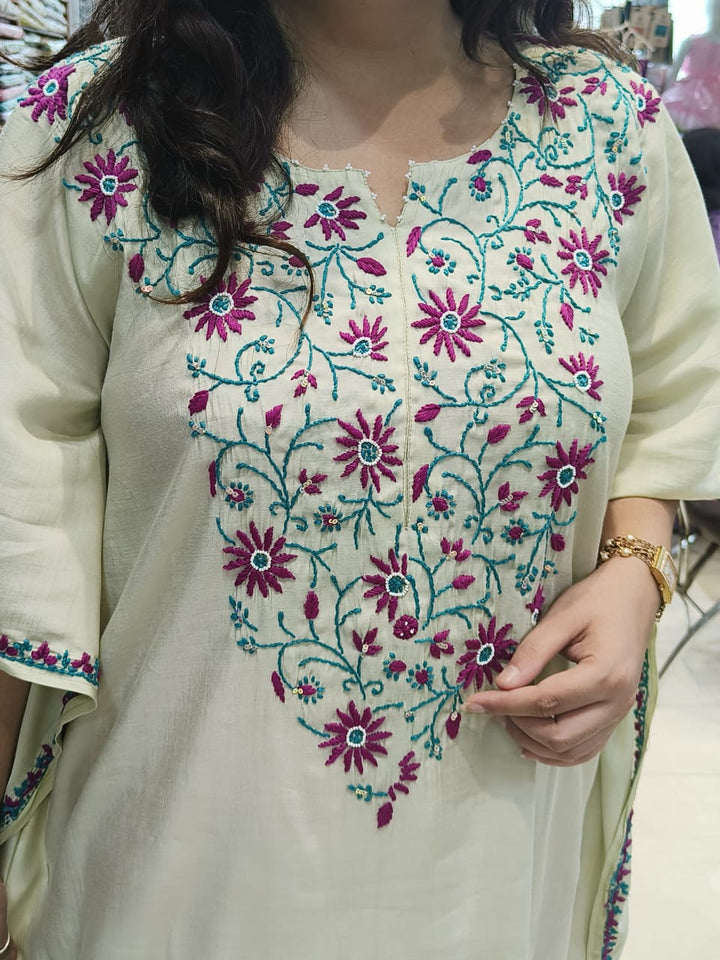Ivory Chanderi Chikankari kaftan set-Custom Made