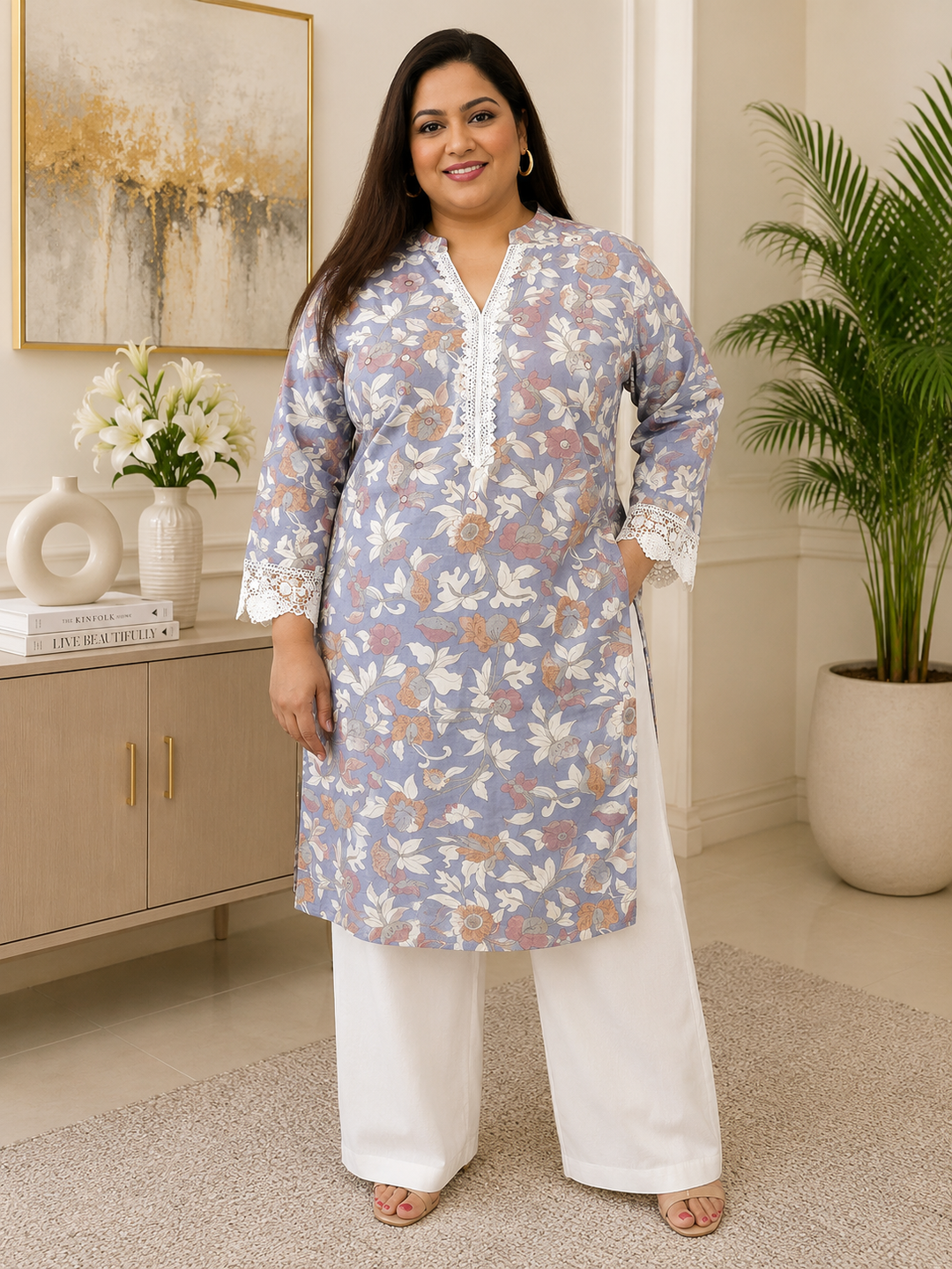 White and blue printed kurta