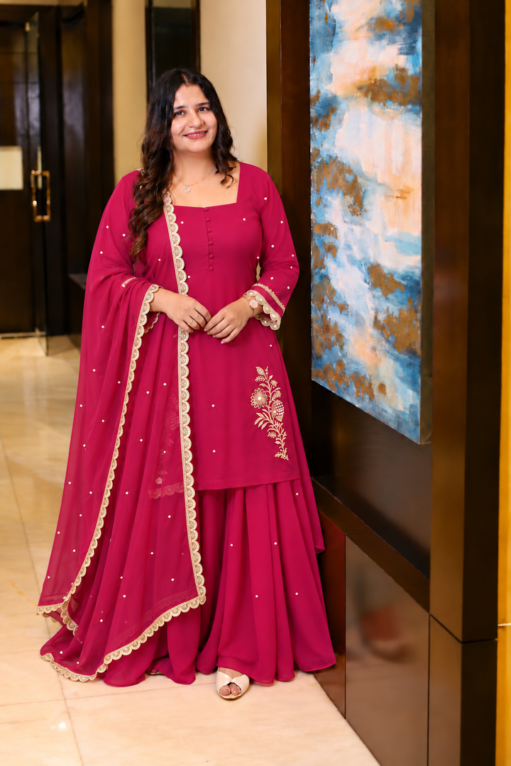 Rani Pink Georgette kurta plazzo set -Custom Made