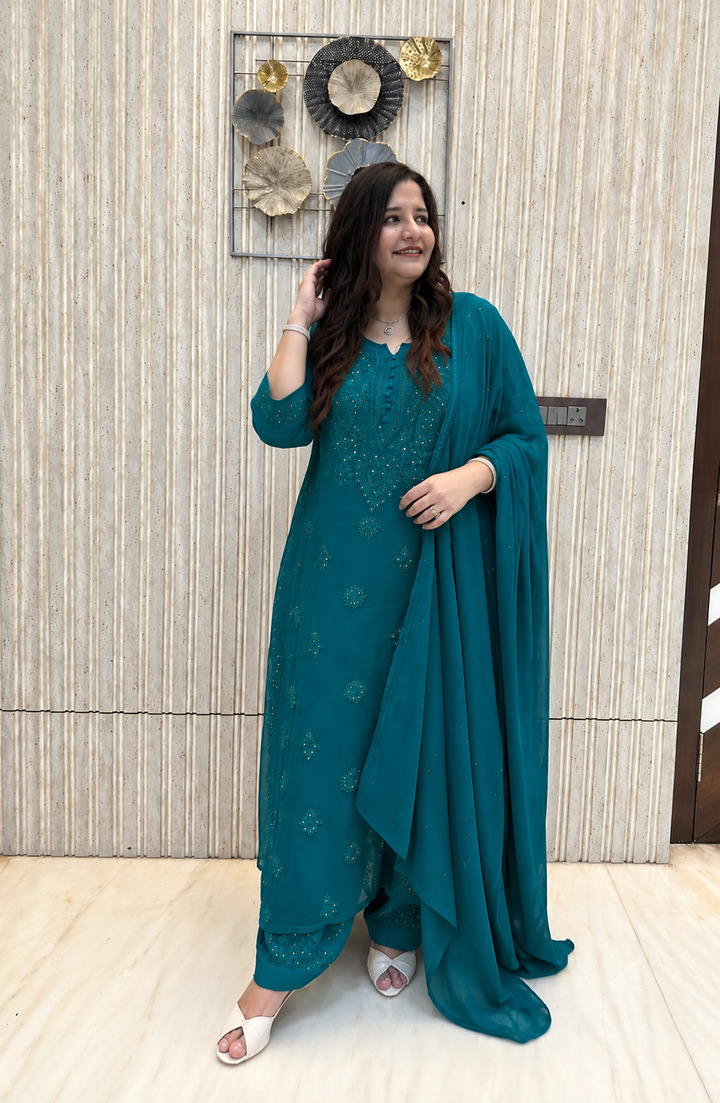 Teal Green Chikankari Georgette Suit Set-Custom Made