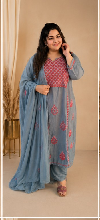 Dark Grey Rayon A-line Chikankari Suit Set-Custom Made