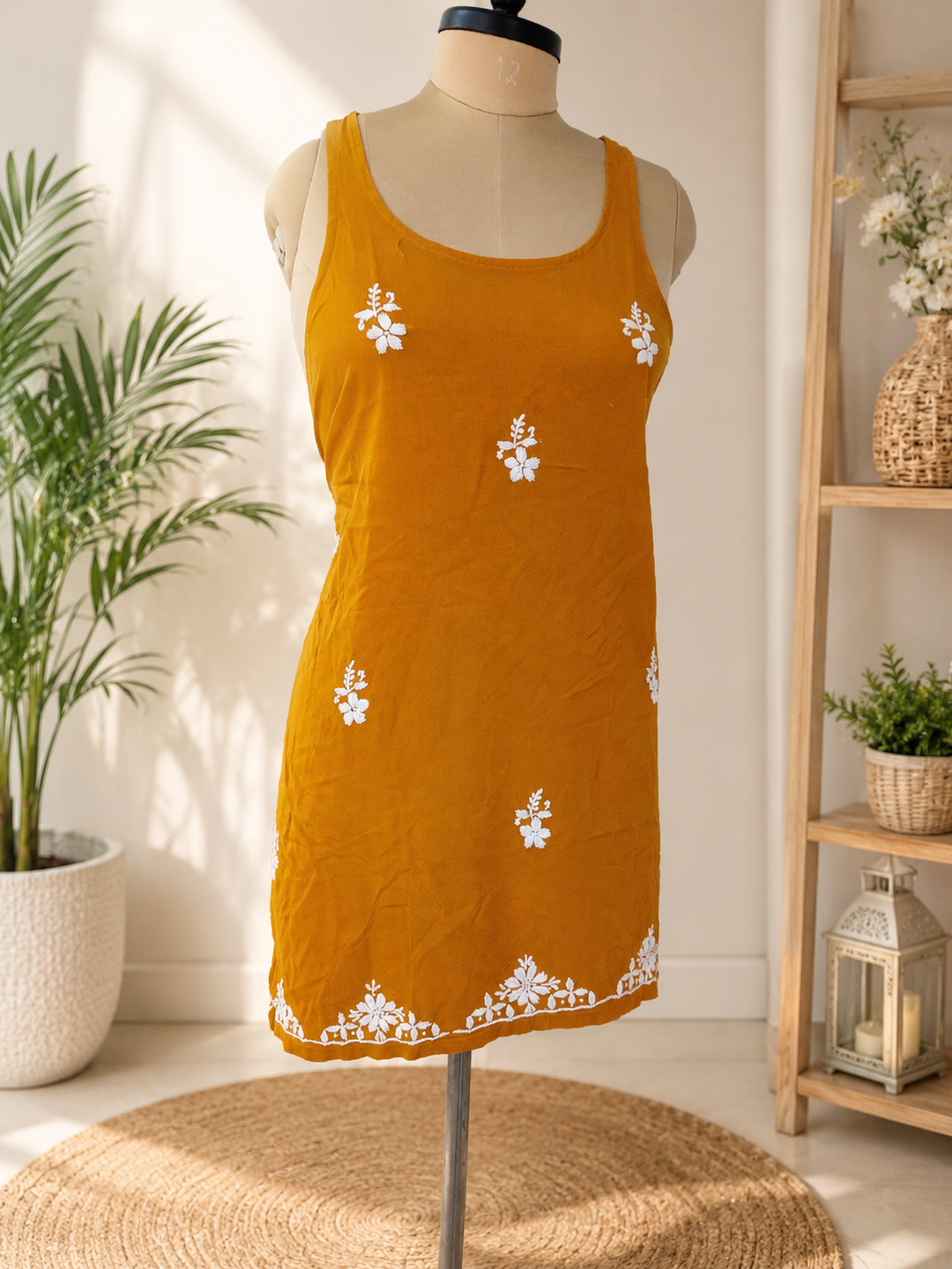 Mustard rayon Chikankari Short kurta