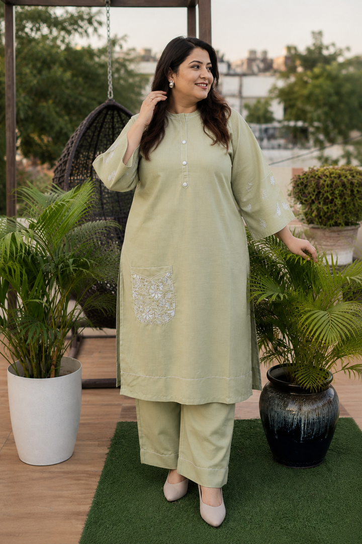 Linen Light Green Chikankari Co-ord Set-Custom Made
