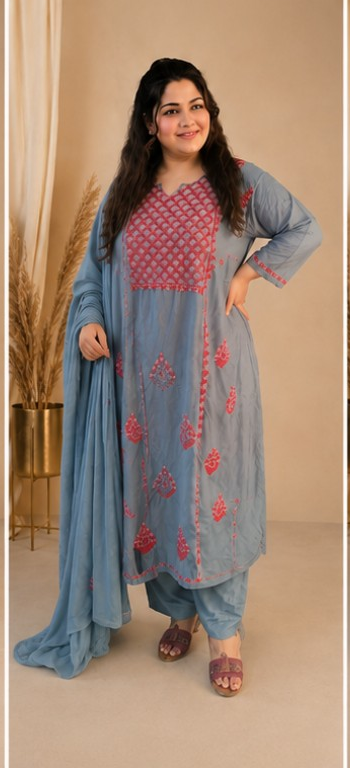Dark Grey Rayon A-line Chikankari Suit Set-Custom Made