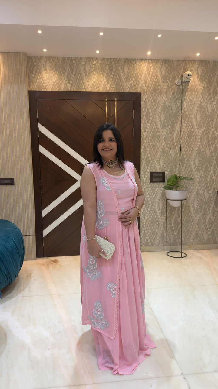 Baby Pink Georgette Chikankari Crop top shrug Set - Custom Made