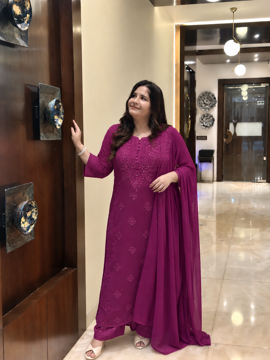 Purple Chikankari Georgette Suit Set-Custom Made
