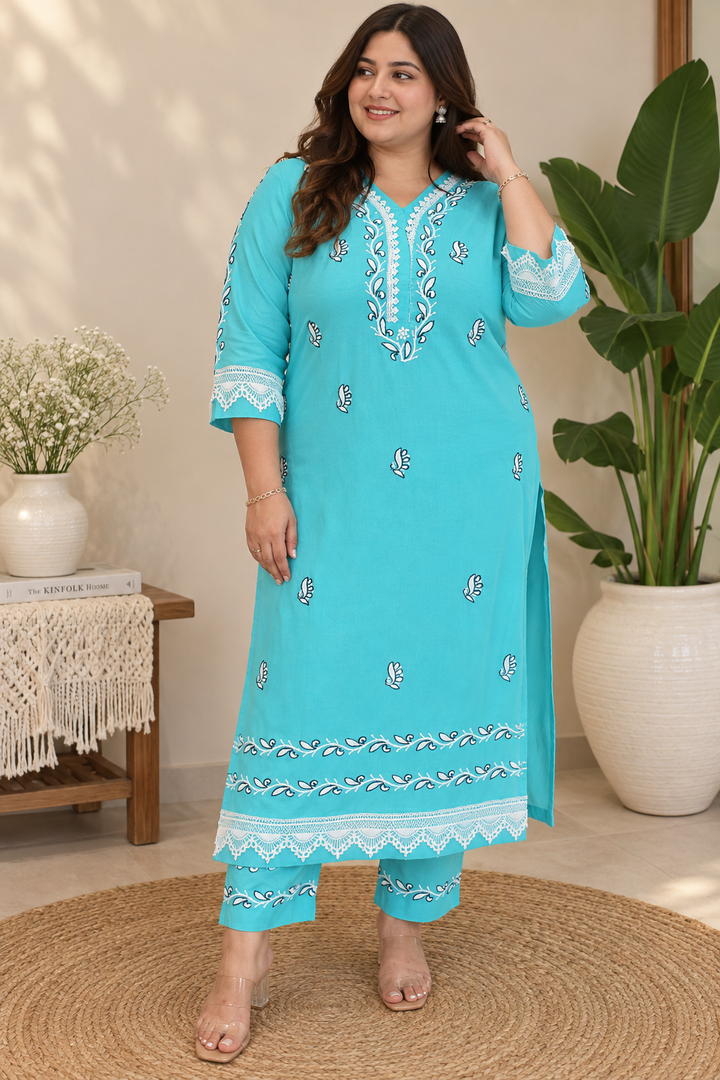 Sky Blue Rayon Chikankari Kurta Pant Set