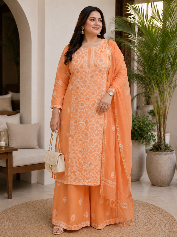 Orange Chanderi Chikankari kurta duppata Fabric