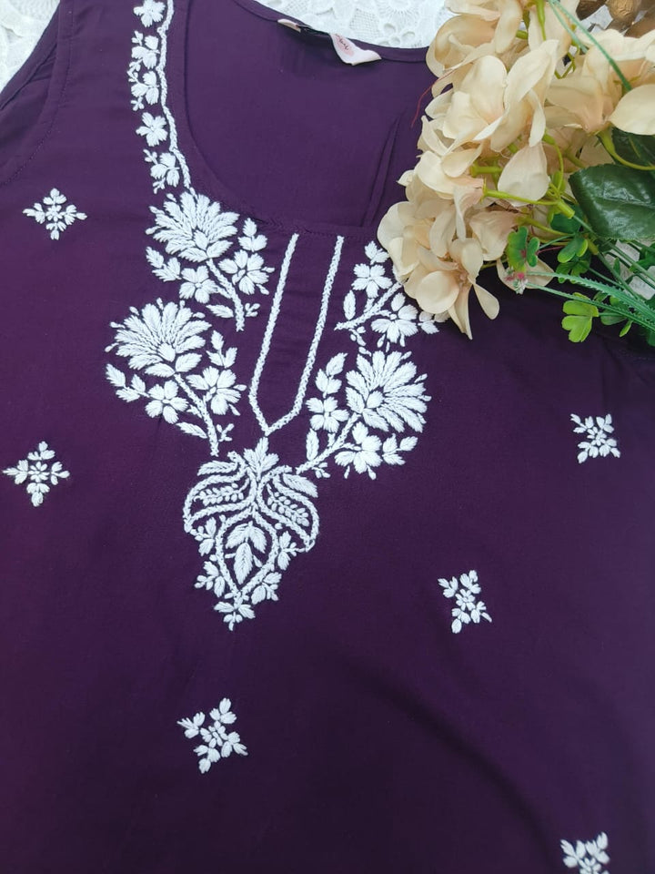 Wine Rayon Chikankari short kurta-Custom Made