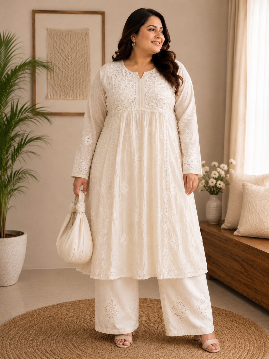 Off white Chanderi Chikankari A-line kurta set