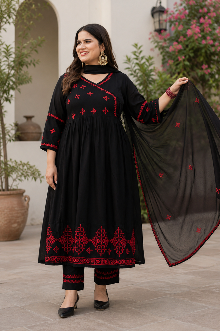 Black Rayon Chikankari Angrakha Suit Set-Coustm Made