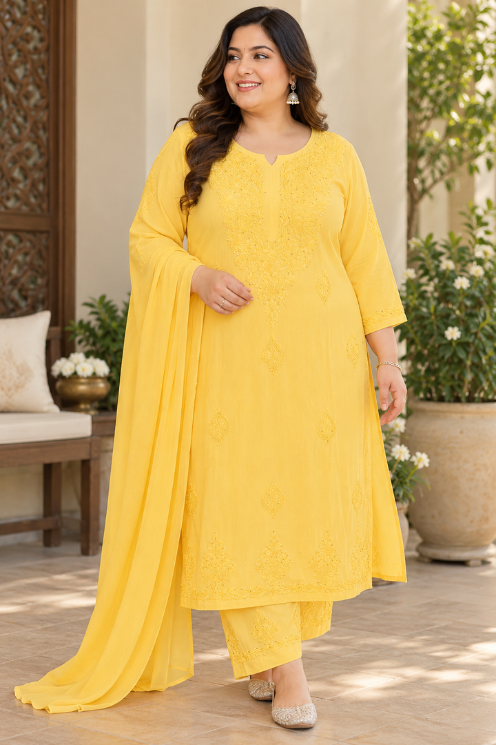 Yellow Rayon Chikankari Suit Set- Custom Made (RY-136)