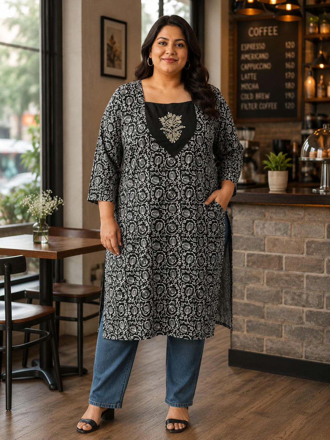 Black rayon printed kurta