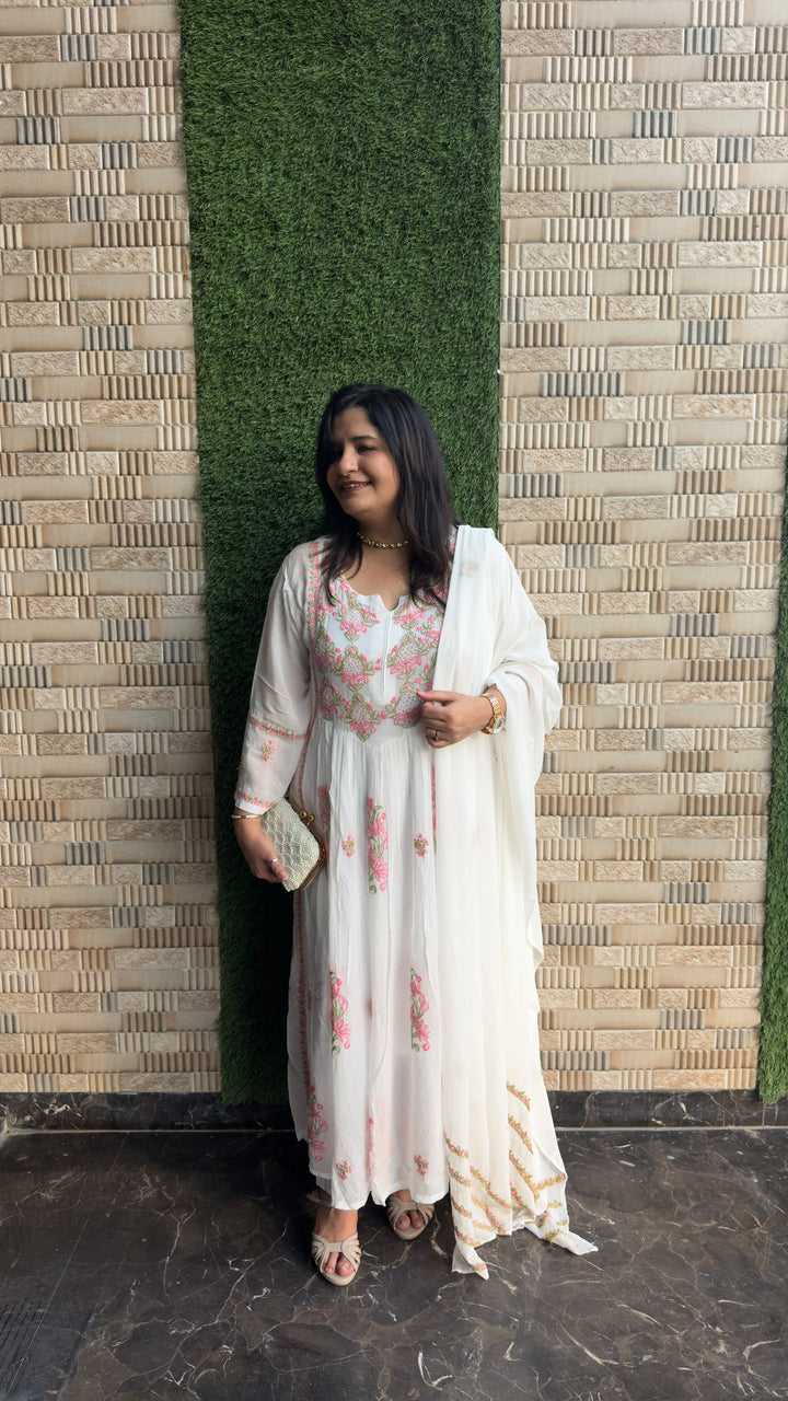 White A-line Chikankari Georgette Set - Custom made