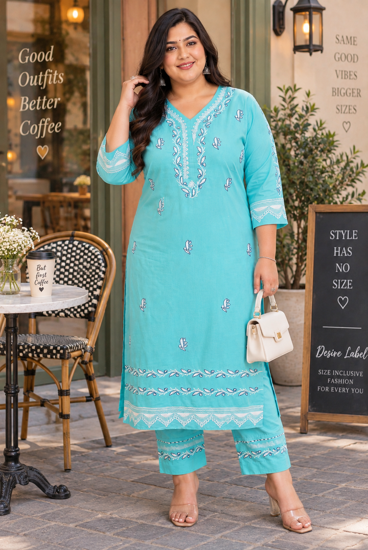 Sky Blue Rayon Chikankari Kurta Pant Set -Custom Made