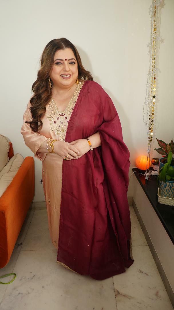 Beige Gold Hand Embroidered Suit Set-Custom Made