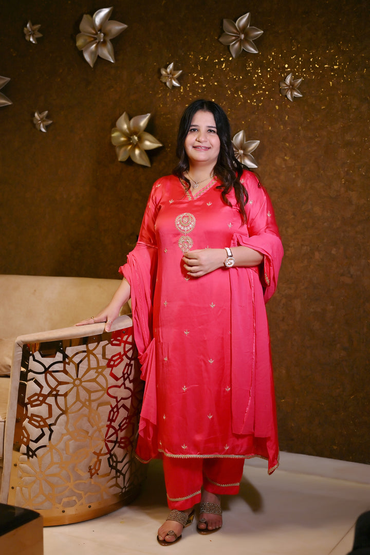 Rani Pink A-Line Hand Embroidered Suit Set-Custom Made