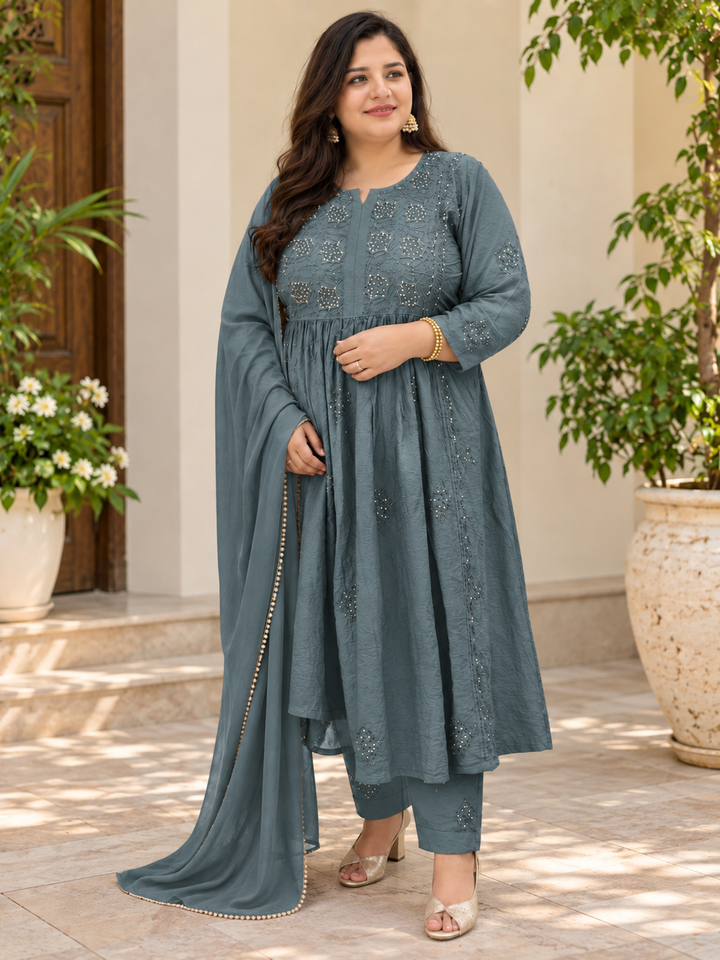 Grey Chanderi Chikankari Suit Set