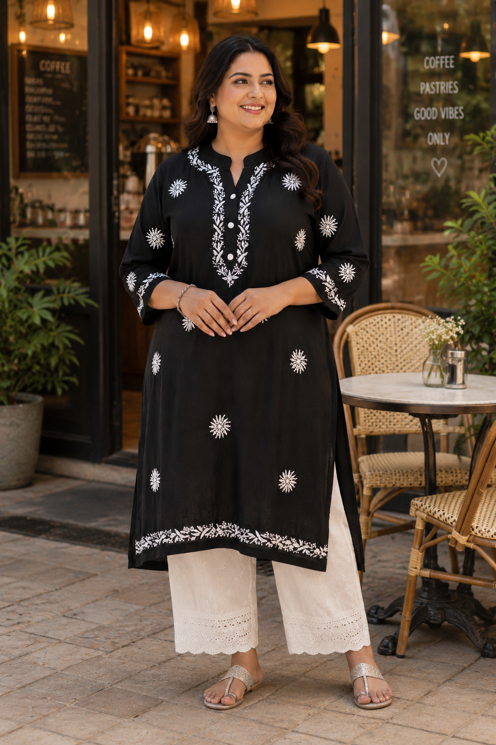 Black Rayon Chikankari Short A-line Kurta