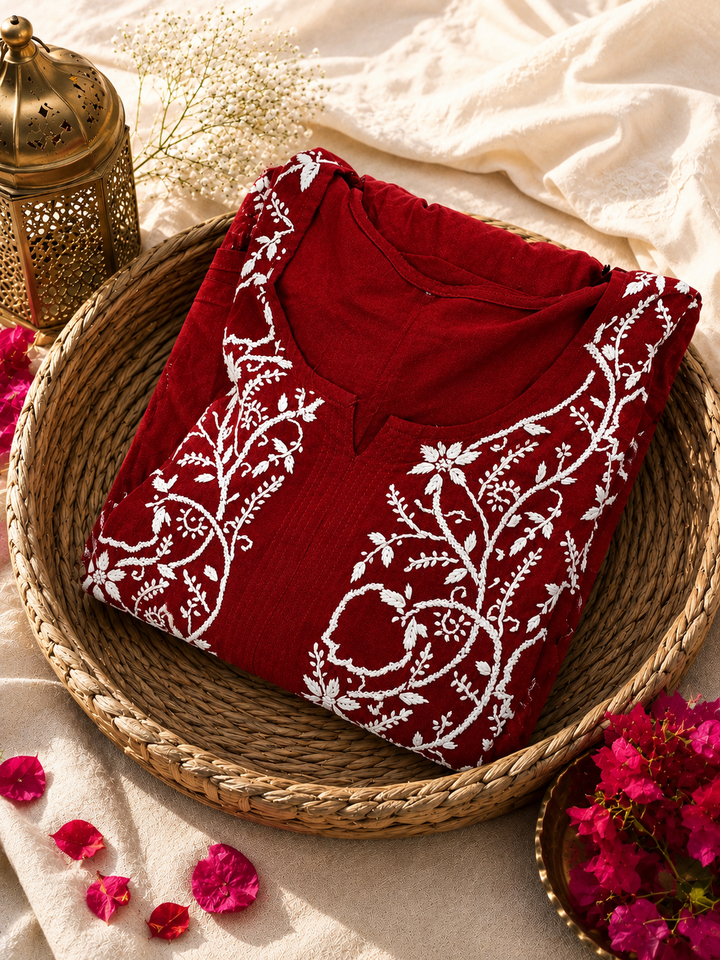 Maroon Rayon A-line Chikankari Kurta