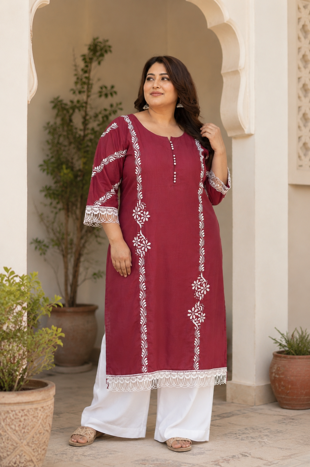 Linen Maroon Chikankari kurta
