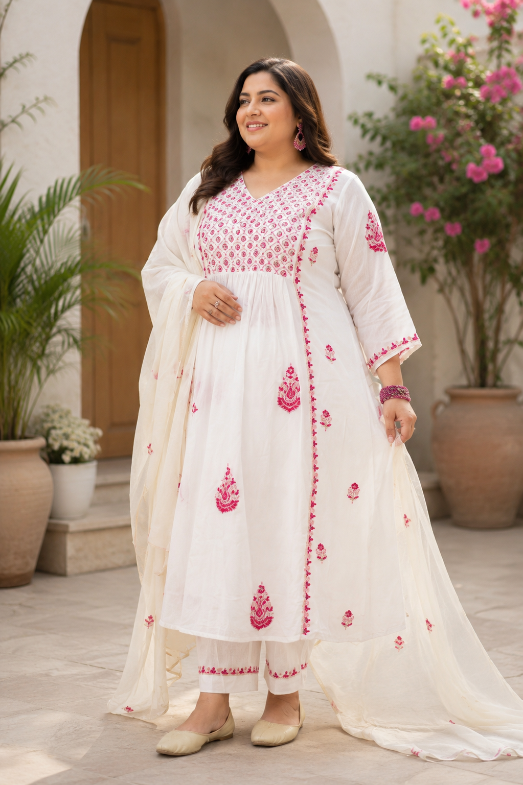 White Chanderi Chikankari A-Line Suit Set -Custom Made