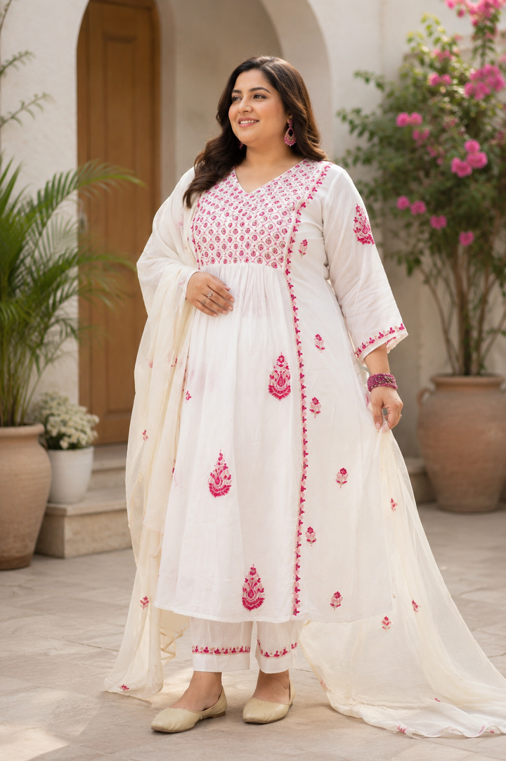 White Chanderi Chikankari A-Line Suit Set -Custom Made
