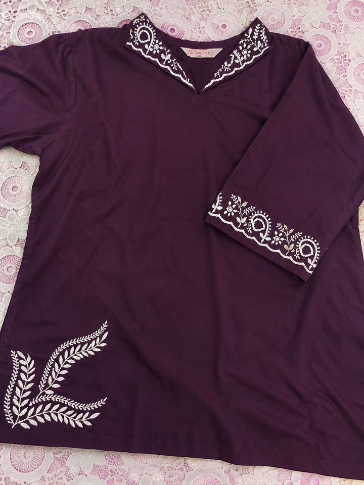 Wine Rayon Chikankari short kurta -Custom Made