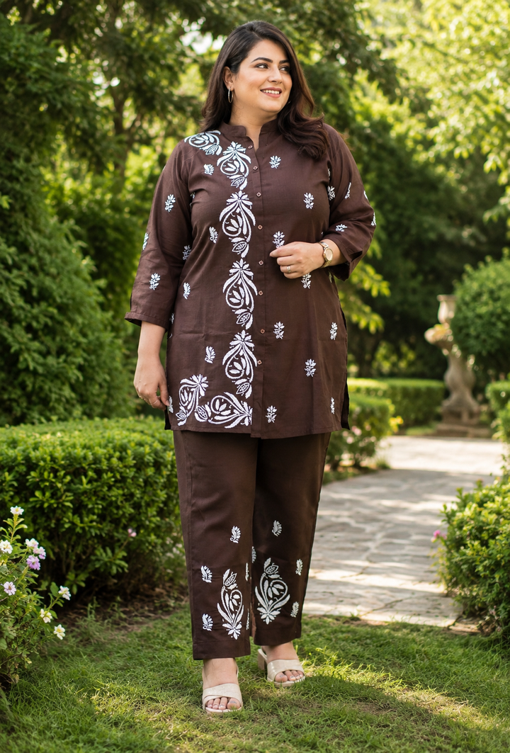 Dark Brown Chikankari Co-Ord Set -Custom Made