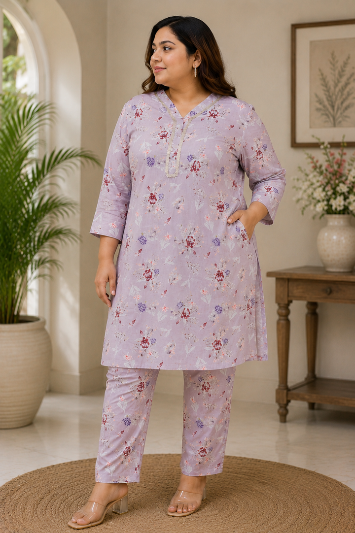 Light Mouve Printed Modal Cotton Kurta With Pant Set-Custom Made