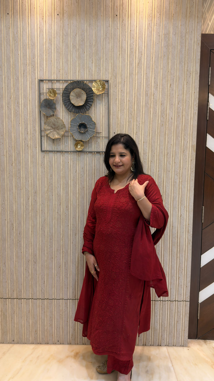 Deep Wine Rayon Chikankari Suit Set -Custom Made
