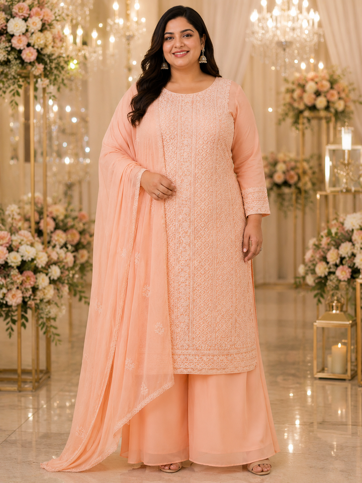 Peach Organza Chikankari Kurta Duppata fabric