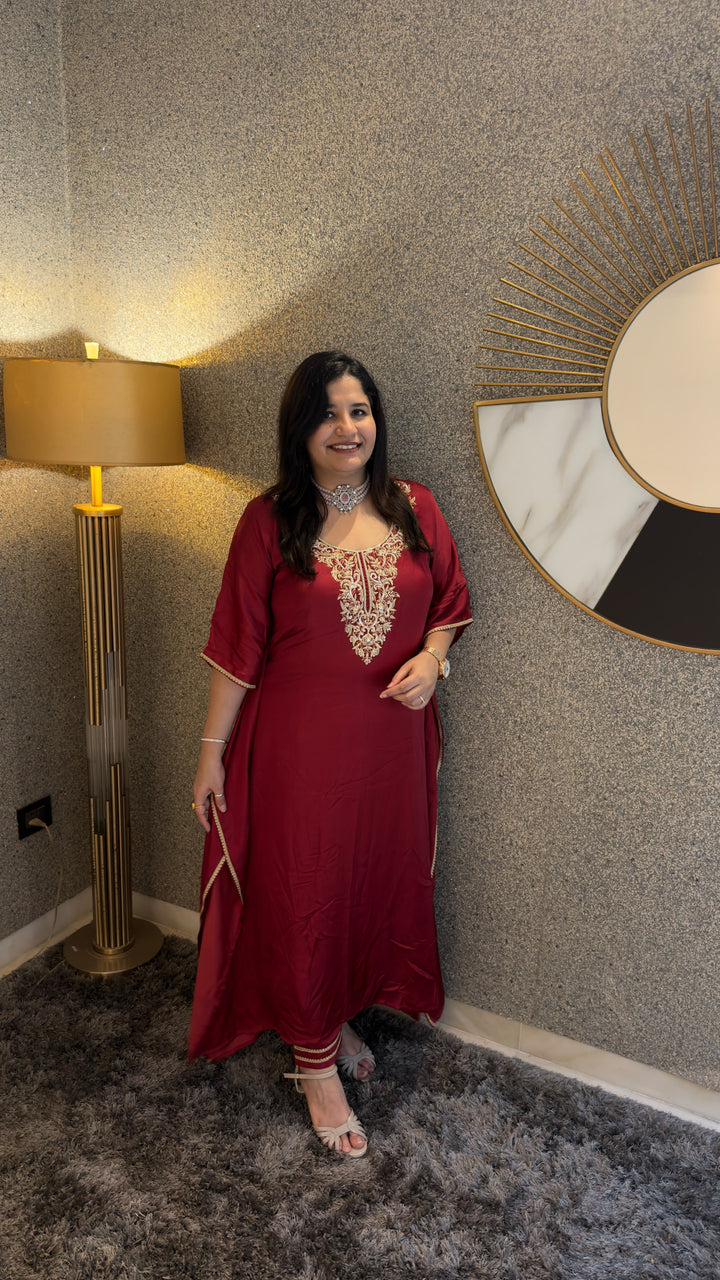 Maroon Hand Embroidered Kaftan Set -Custom Made