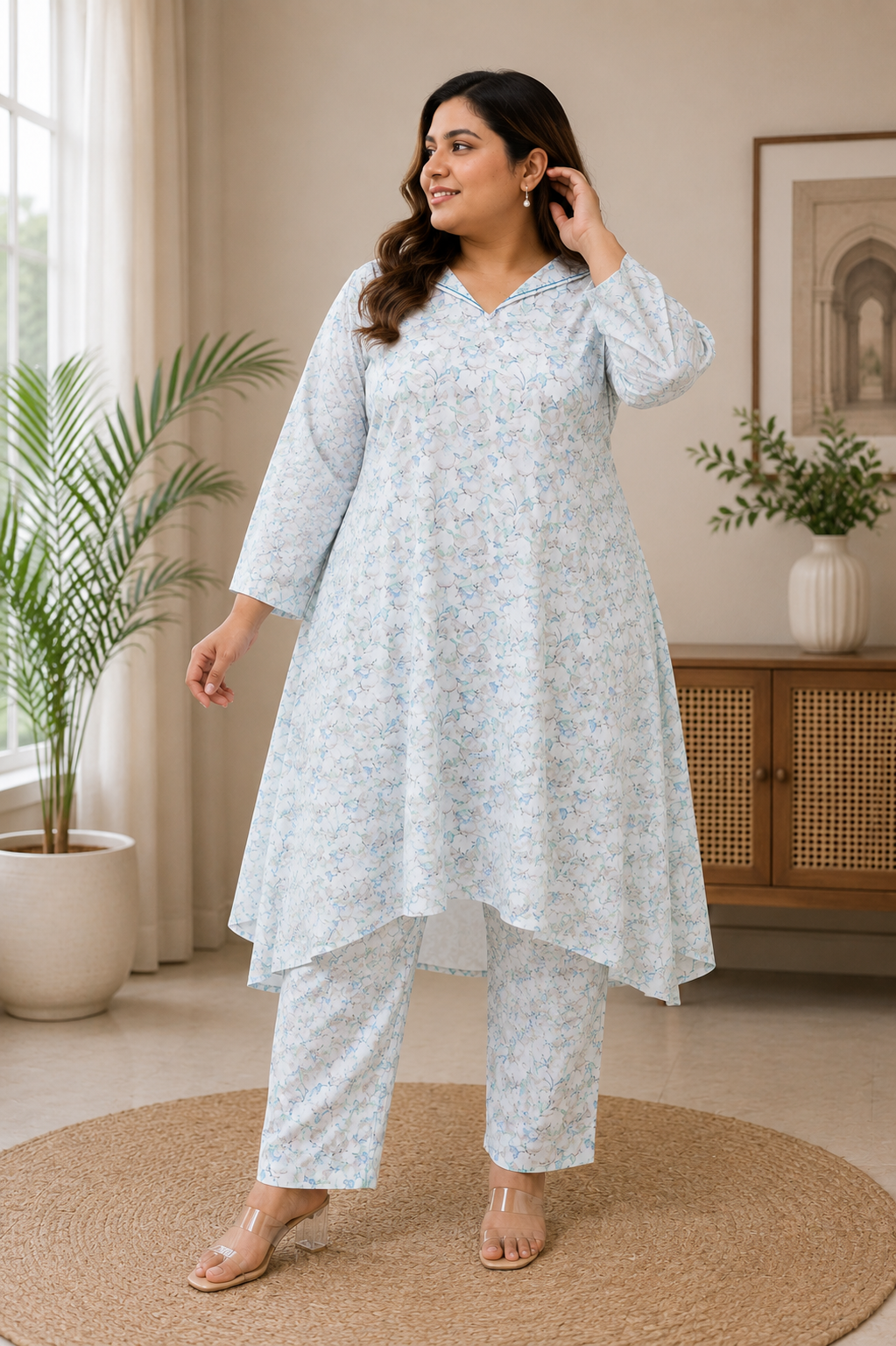 White And blue Printed Modal Cotton Kurta With Pant Set -Custom Made
