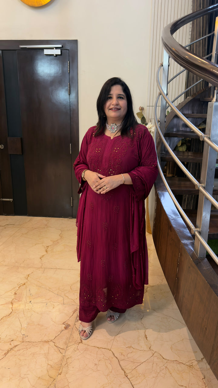 Burgundy Chikankari Georgette Suit Set-Custom Made