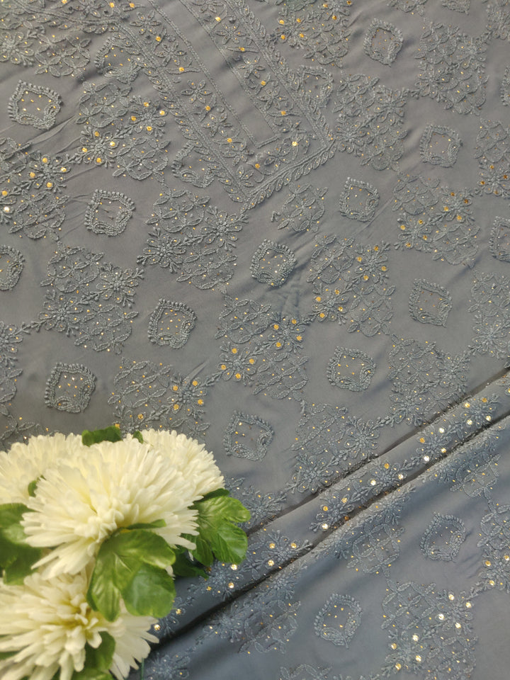 Grey Pure Georgette Chikankari Kurta Dupatta Fabric