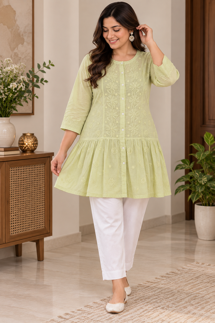 Lime green Cotton Chikankari Short kurta