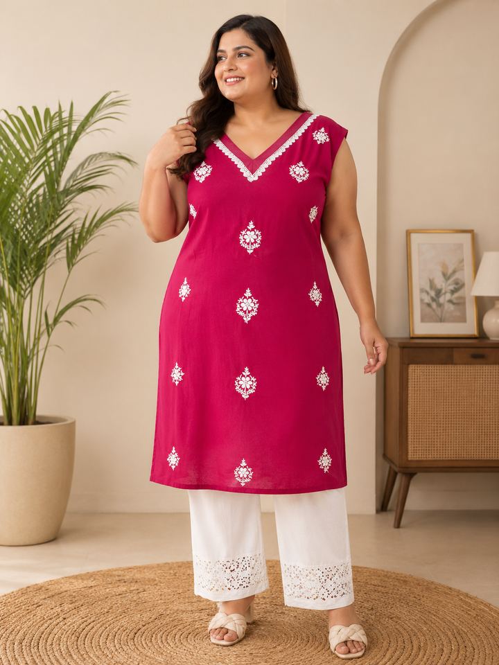 Maroon rayon Chikankari short kurta