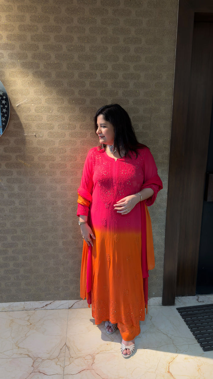 Orange ombre Chikankari Georgette Suit Set-Custom Made