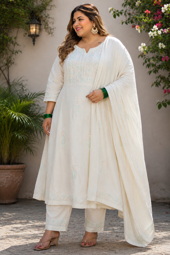White Chanderi Chikankari Suit Set -Custom Made